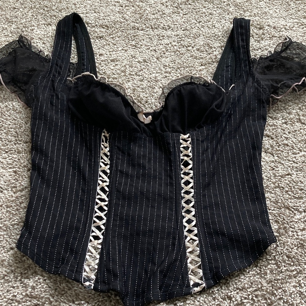Shirley of Hollywood Black Pinstripe Lace-Up Bustier